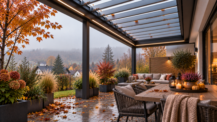 Herbstterrasse im Nebel