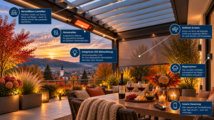 Herbstliche Pergola mit smarten Komfortfunktionen